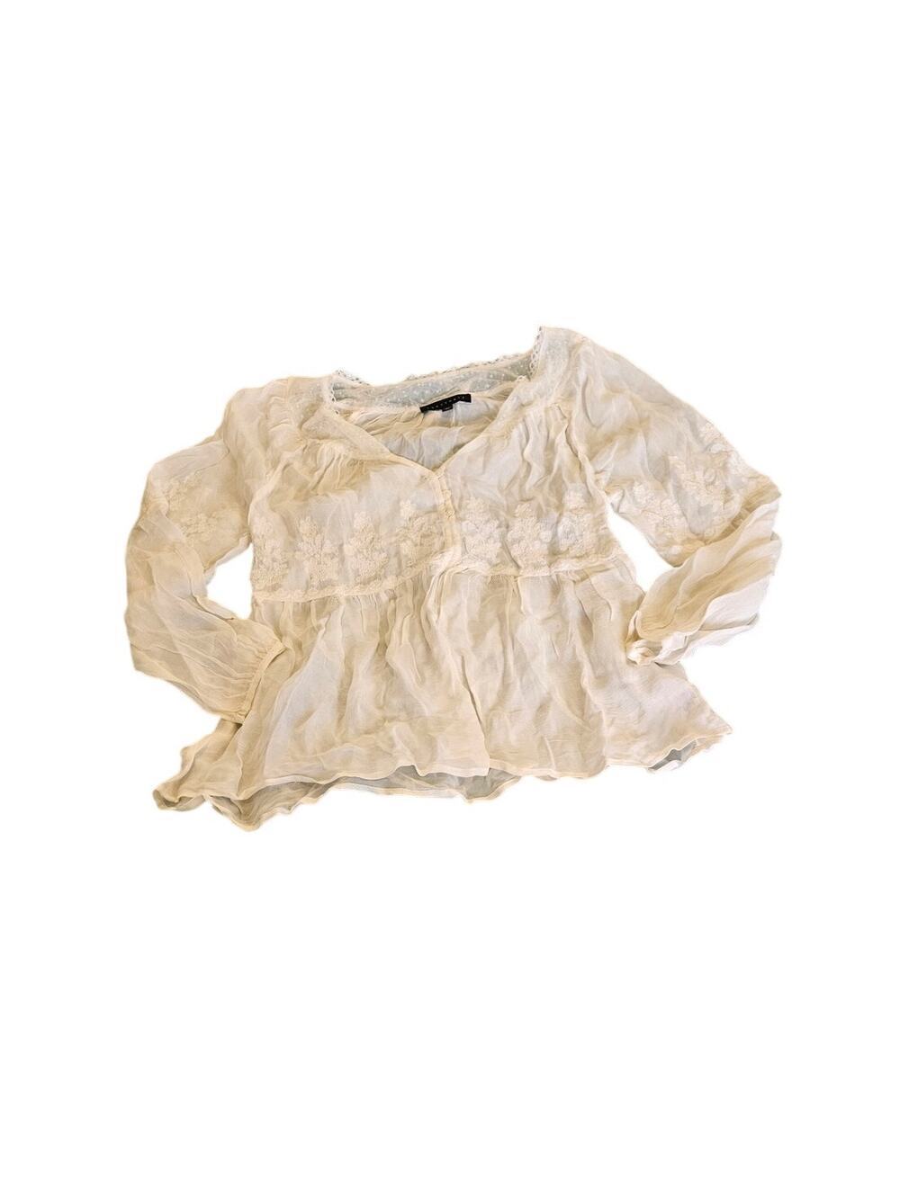Sanctuary Sheer Embroidered Peasant Blouse Lace Trim Ivory XS Boho Top